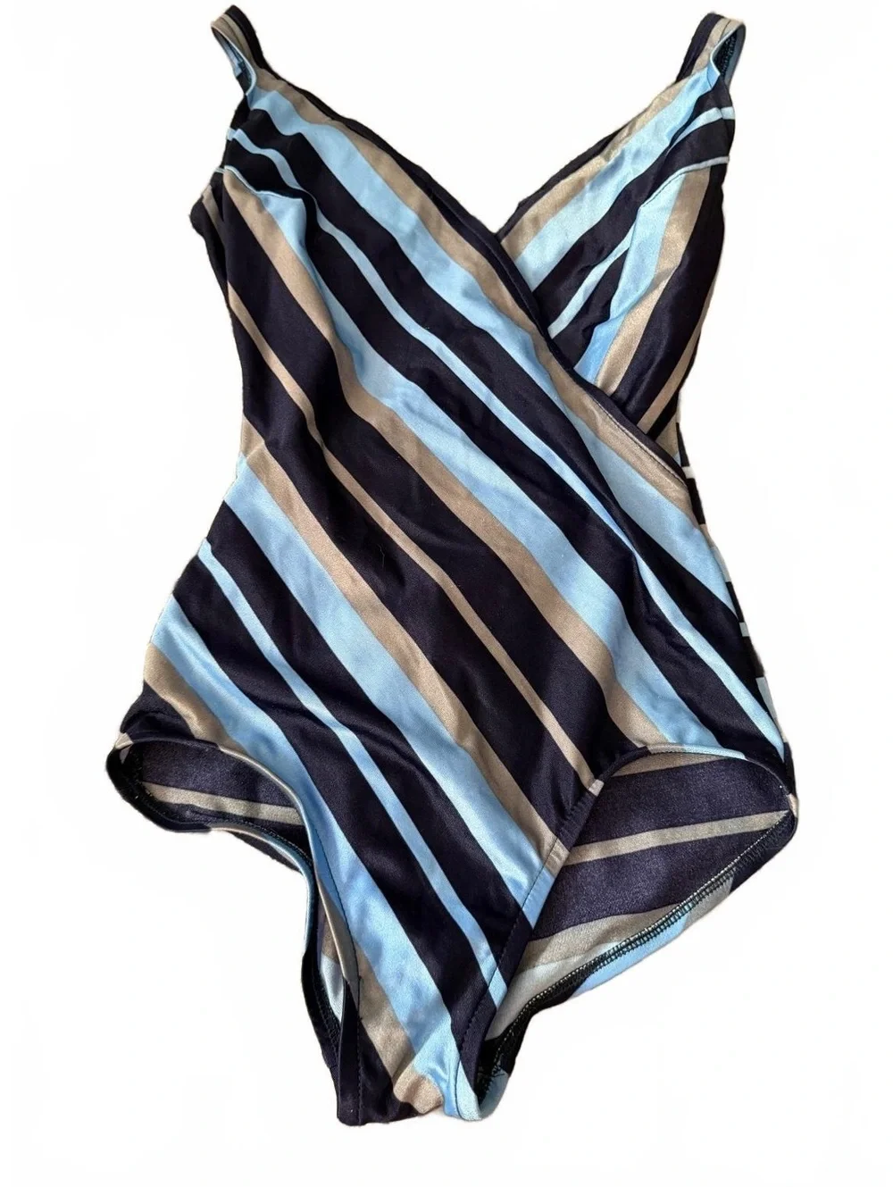 Jantzen Womens Size 10 Blue Striped One Piece Swimsuit Wrap Front Swimwear